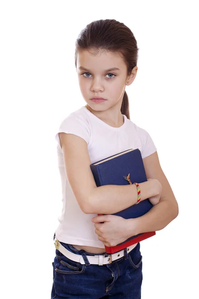 Education, Young beautiful schoolgirl holds textbooks — Stockfoto