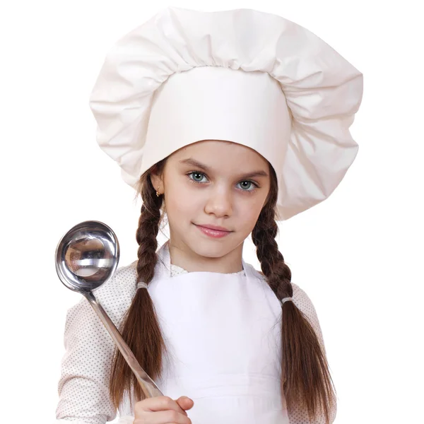 Shot of a little kitchen little girl in a white uniform — Stock Photo, Image