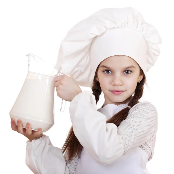 Cooking and people concept - Little girl in a white apron holdin — Stock Photo, Image