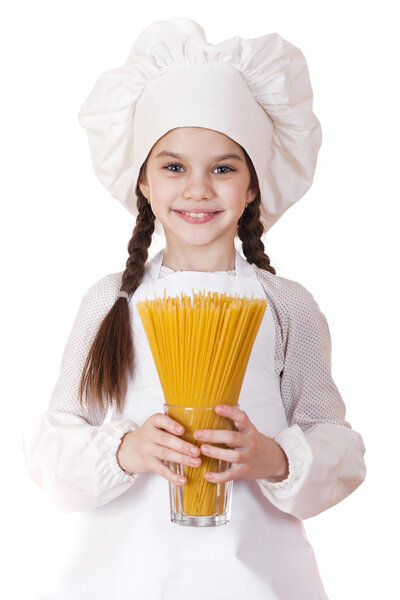 Концепция кулинарии и людей - улыбающаяся маленькая девочка в поваренной шляпе
 