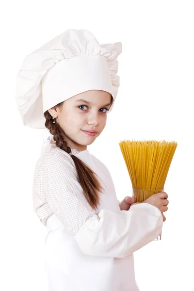 요리와 사람들 개념-쿡 모자에 어린 소녀 미소 — 스톡 사진