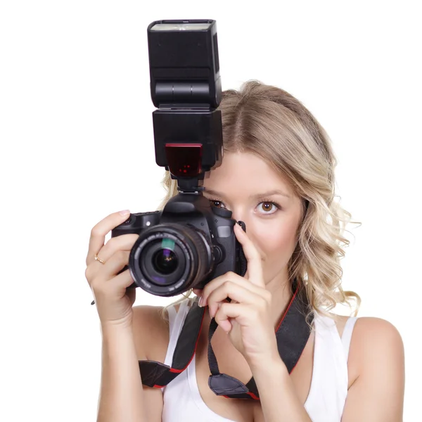 Retrato de una hermosa joven rubia con cámara — Foto de Stock