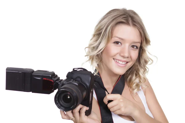 Portrait of a beautiful young blond female with camera — Stock Photo, Image