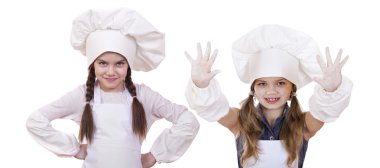 Yemek ve insanlar kavramı - iki küçük kız beyaz bir önlük 