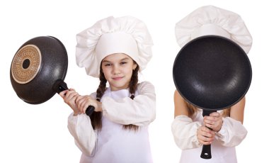 Yemek ve insanlar kavramı - iki küçük kız beyaz bir önlük 