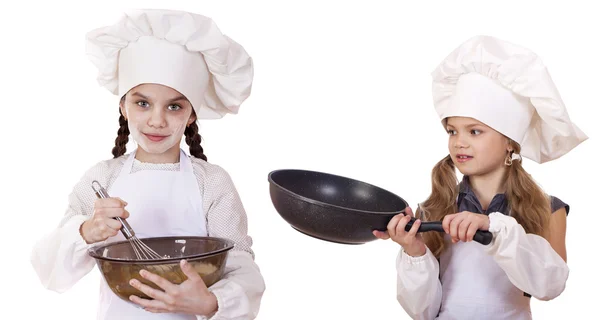 Cucina e concetto di persone - Due bambine in un grembiule bianco — Foto Stock