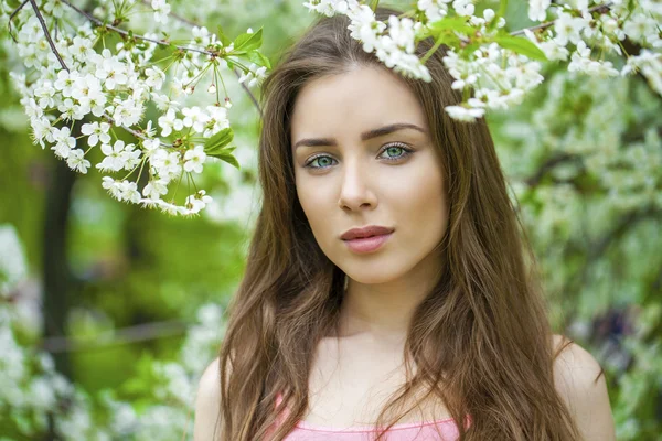 Portrait of beautiful young brunette woman in spring blossom — Stock Photo, Image