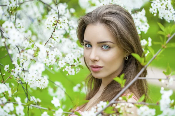 Retrato de bela jovem morena em flor de primavera — Fotografia de Stock