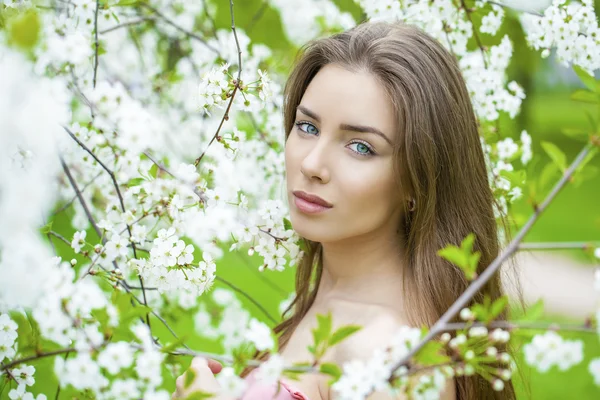 Retrato de bela jovem morena em flor de primavera — Fotografia de Stock
