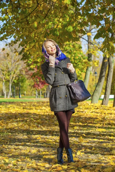Mujer joven caminando en el parque de otoño —  Fotos de Stock