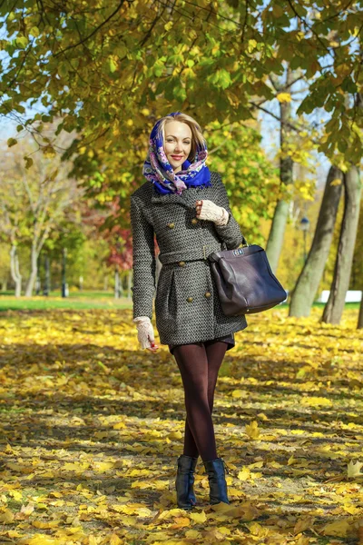 가을 공원을 걷고 있는 젊은 여자 — 스톡 사진