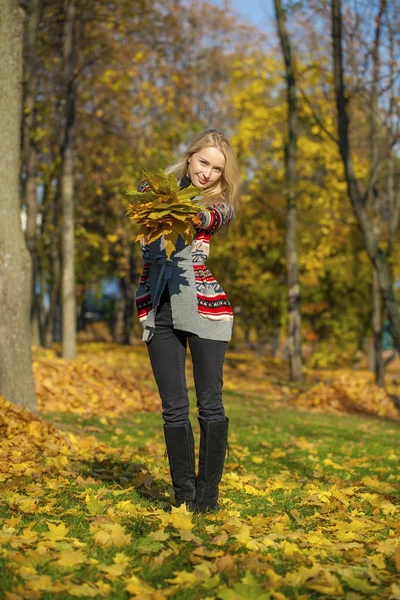 快乐美丽金发女郎走在秋天的公园 — 图库照片