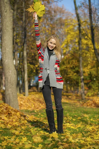 Szczęśliwy piękna blond kobieta idzie jesień Park — Zdjęcie stockowe