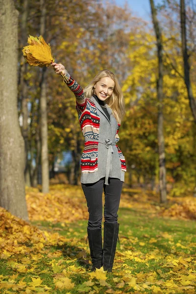 Feliz hermosa mujer rubia camina en el parque de otoño — Foto de Stock