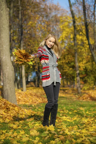 Feliz hermosa mujer rubia camina en el parque de otoño — Foto de Stock