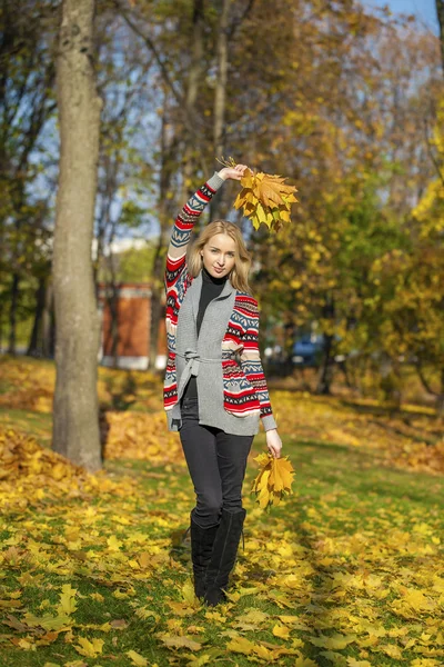 Feliz hermosa mujer rubia camina en el parque de otoño — Foto de Stock