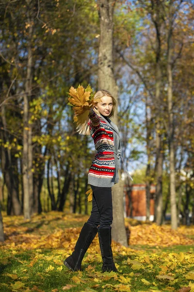 Feliz hermosa mujer rubia camina en el parque de otoño — Foto de Stock