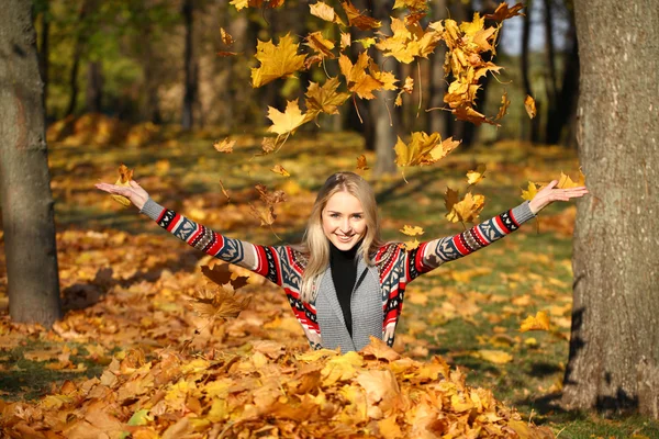 Mulher feliz cair folhas no parque de outono — Fotografia de Stock