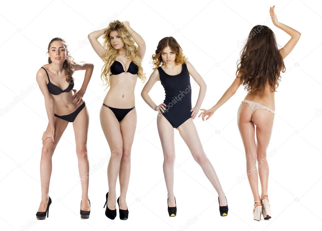 Model tests, Four Young slim women posing in sexy underwear