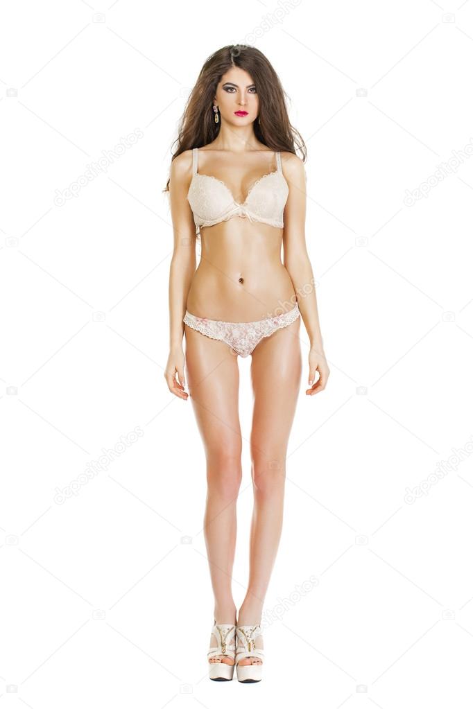 Beautiful full body brunette beauty woman in sexy underwear Stock