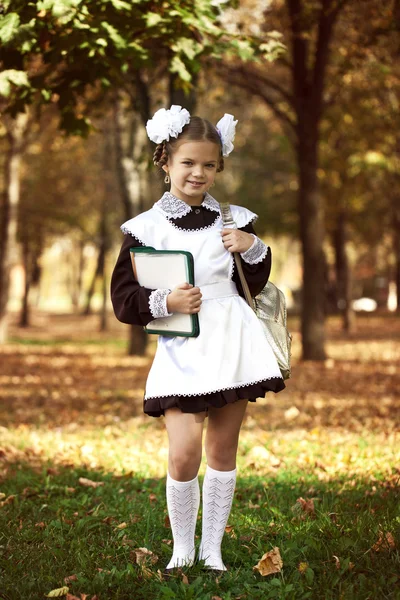 Retrato de una hermosa joven de primer grado en una escuela festiva u — Foto de Stock