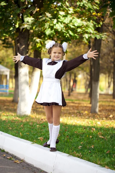 Portrait of a beautiful young first-grader in a festive school u — Stock Photo, Image