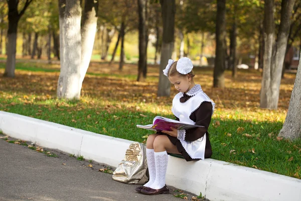 Retrato de una hermosa joven de primer grado en una escuela festiva u — Foto de Stock