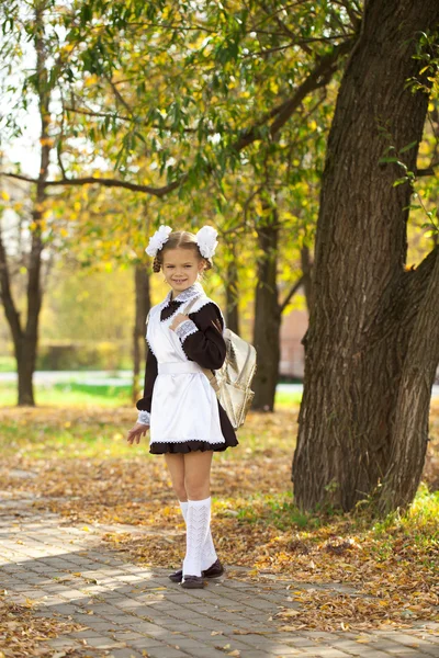 Retrato de una hermosa joven de primer grado en una escuela festiva u — Foto de Stock