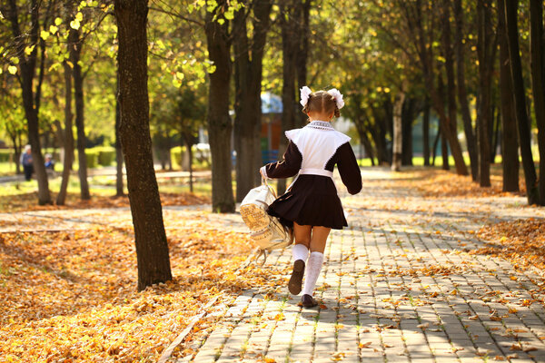 Счастливая маленькая школьница идет домой из школы
