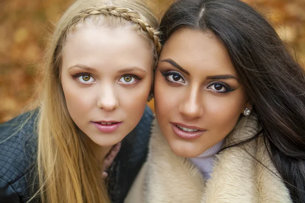 Close up retrato de duas belas mulheres jovens no fundo — Fotografia de Stock