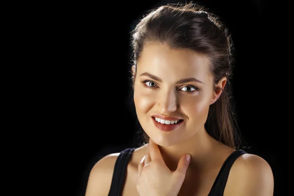 Beauty woman face closeup isolated on black background — Stock Photo, Image