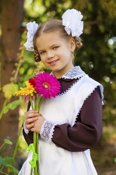 Portrait of a beautiful young first-grader in a festive school u — Stock Photo, Image