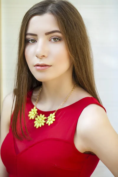 Sultry portrait of sexy brunette in a red dress — Stock Photo, Image