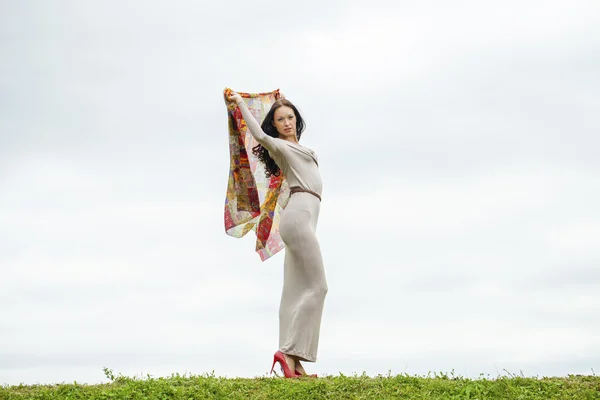 Crecimiento completo, hermosa mujer joven en vestido gris largo sexy — Foto de Stock