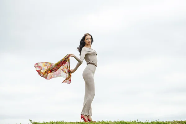 Full tillväxt, vackra unga kvinnan i sexiga långa grå klänning — Stockfoto