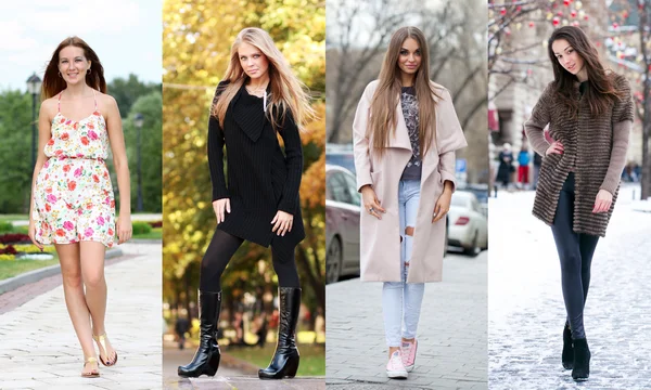 Collage of four different models in fashionable clothes for the — Stock Photo, Image