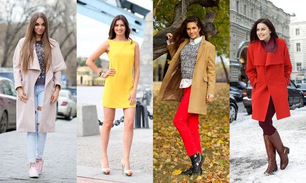 Collage of four different models in fashionable clothes for the — Stock Photo, Image