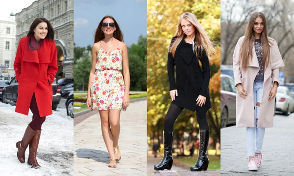 Collage of four different models in fashionable clothes for the — Stock Photo, Image