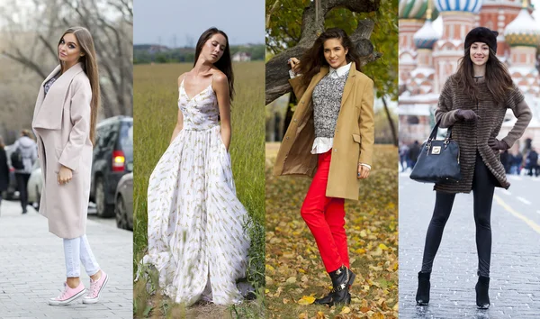 Collage of four different models in fashionable clothes for the — Stock Photo, Image