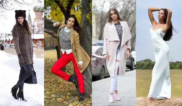 Collage of four different models in fashionable clothes for the — Stock Photo, Image