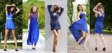 Mavi elbiseli beş güzel modellerin kolaj