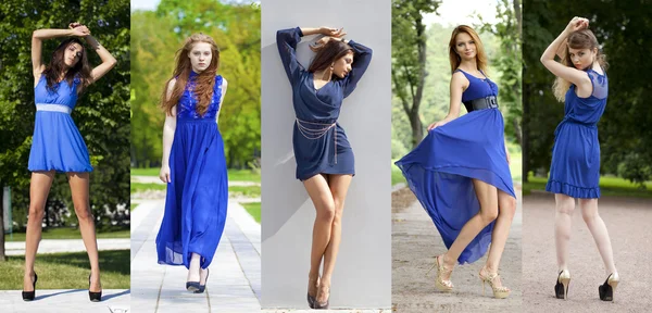 Kollázs öt gyönyörű modell-kék ruha — Stock Fotó