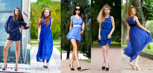 Collage aus fünf schönen Models im blauen Kleid — Stockfoto