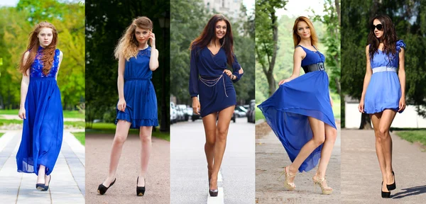 Colagem de cinco belos modelos em vestido azul — Fotografia de Stock