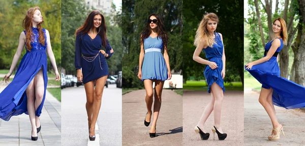 Collage of five beautiful models in blue dress — 스톡 사진