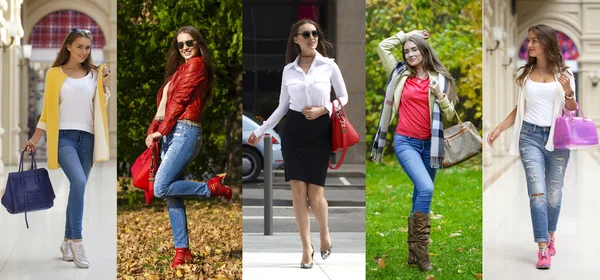 Collage von fünf modischen jungen Frauen — Stockfoto