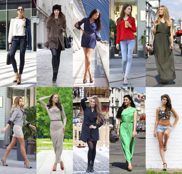 Collage of ten different models in fashionable clothes for the s — Stock Photo, Image