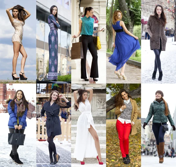 Collage of ten different models in fashionable clothes for the s — Stock Photo, Image