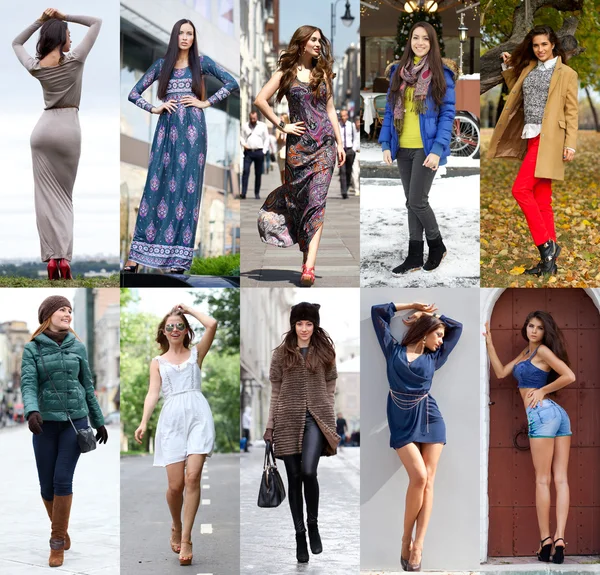 Collage tíz különböző modellek a divatos ruhák a s — Stock Fotó