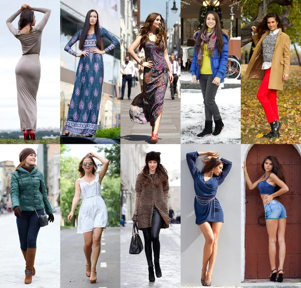 Collage of ten different models in fashionable clothes for the s — Stock Photo, Image